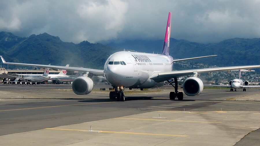 Honolulu International Airport interior concourse with tropical architecture