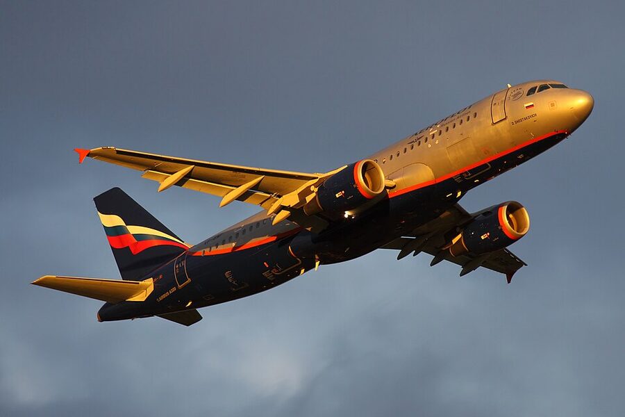 Aeroflot Airbus A320 on taxiway with Russian flag livery
