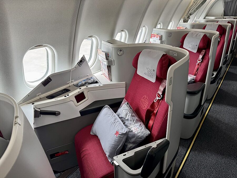 Hong Kong Airlines A330-300 business class cabin interior with flat-bed seats
