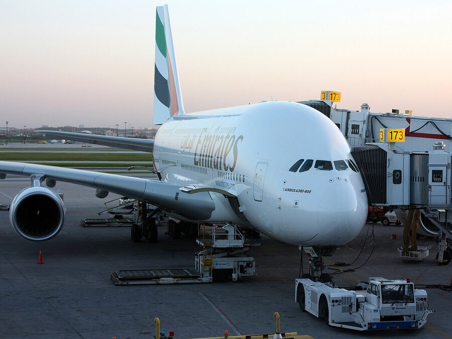 Emirates Airbus A380 A6-EDM at Toronto Pearson Airport preparing for Dubai flight