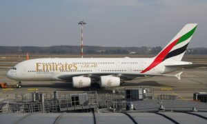 Emirates Airbus A380 A6-EDU parked at Milan Malpensa Airport