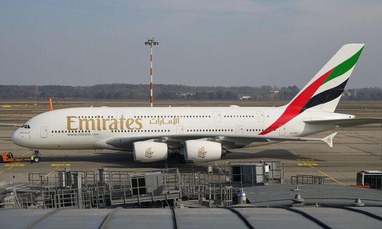 Emirates Airbus A380 A6-EDU parked at Milan Malpensa Airport