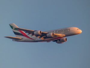 Emirates Airbus A380 at sunset