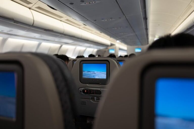 Airplane cabin interior with seatback screens