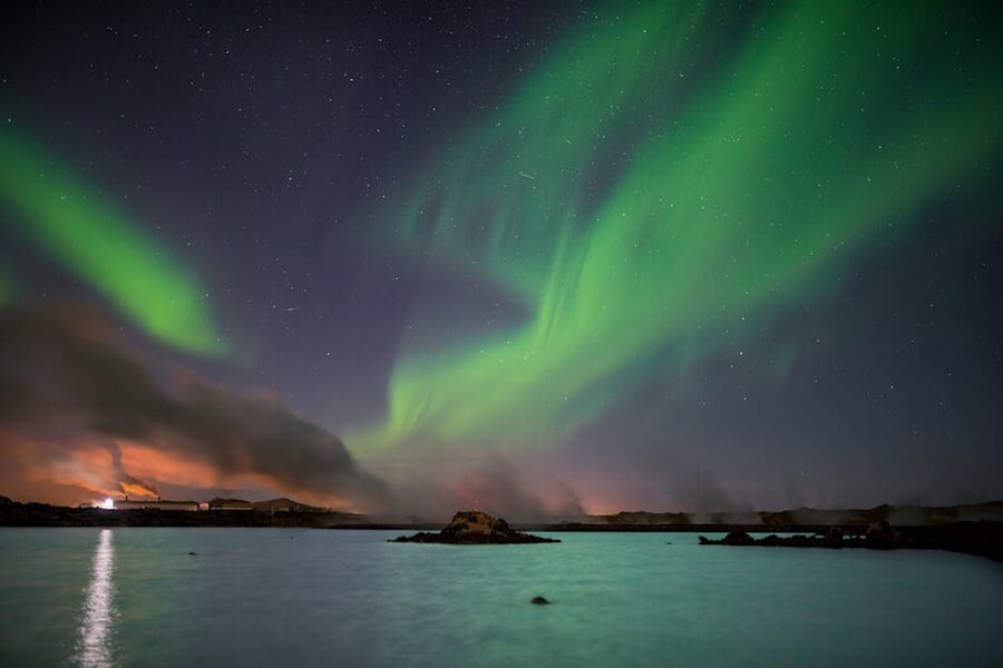Aurora borealis over Keflavik Iceland at night