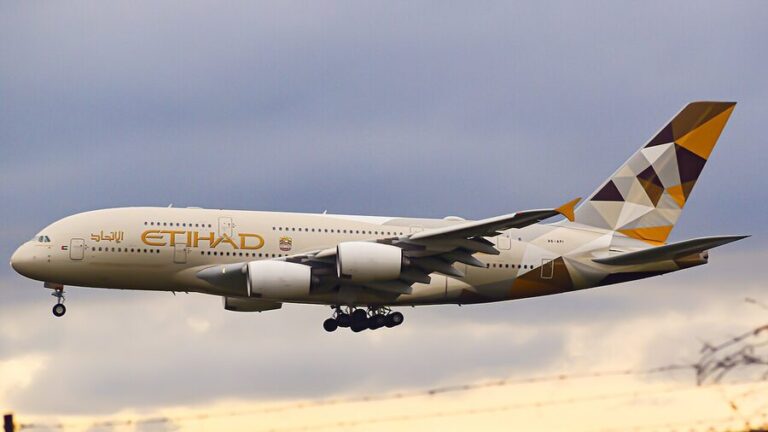 Etihad Airways Airbus A380 widebody aircraft approaching Toronto Pearson airport