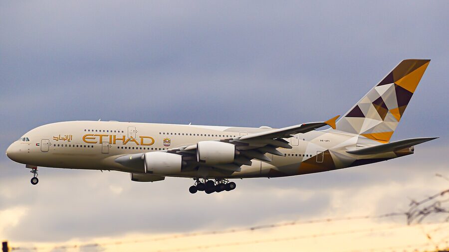 Etihad Airways Airbus A380 widebody aircraft approaching Toronto Pearson airport