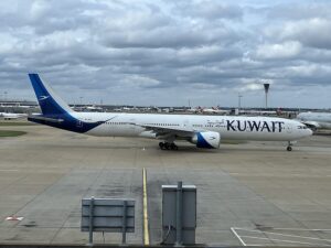 Kuwait Airways Boeing 777-300ER aircraft taxiing at London Heathrow with the carrier livery visible