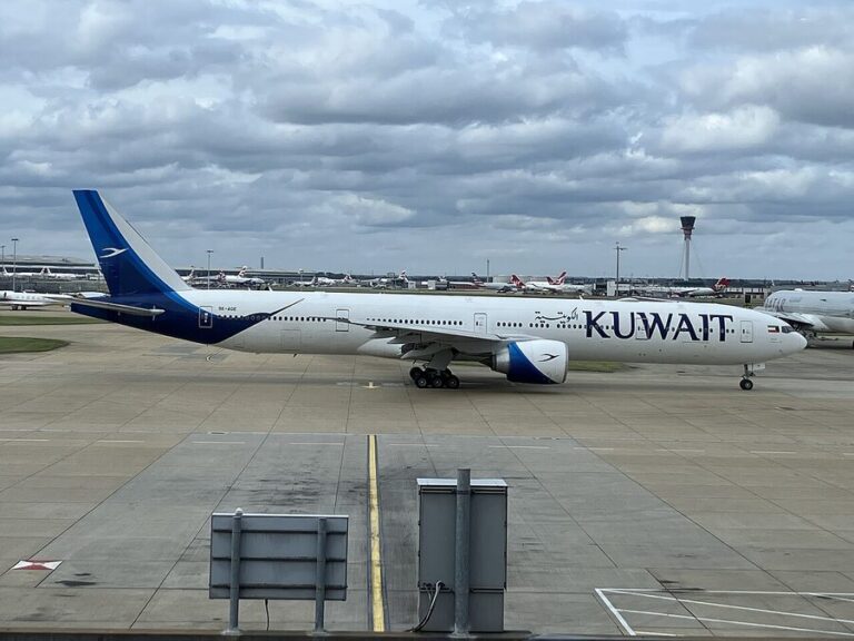 Kuwait Airways Boeing 777-300ER aircraft taxiing at London Heathrow with the carrier livery visible