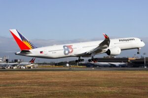 Philippine Airlines Airbus A350-1000 widebody aircraft in full carrier livery on the tarmac