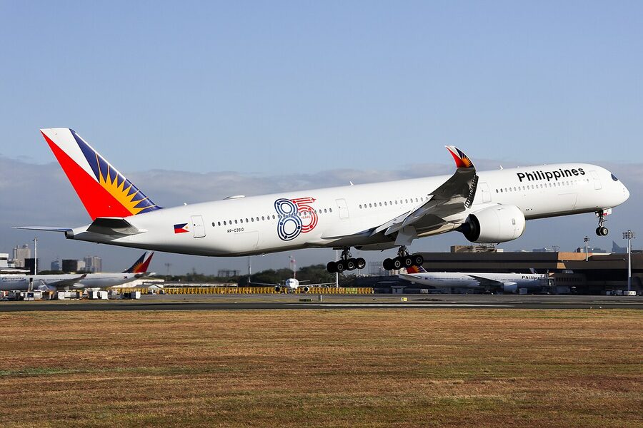 Philippine Airlines Airbus A350-1000 widebody aircraft in full carrier livery on the tarmac