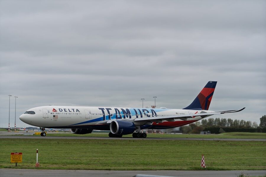 Delta Airlines Airbus A330 with Team USA branding on a runway