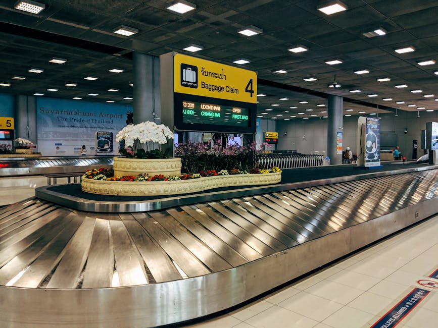 Airport baggage claim conveyor with suitcases
