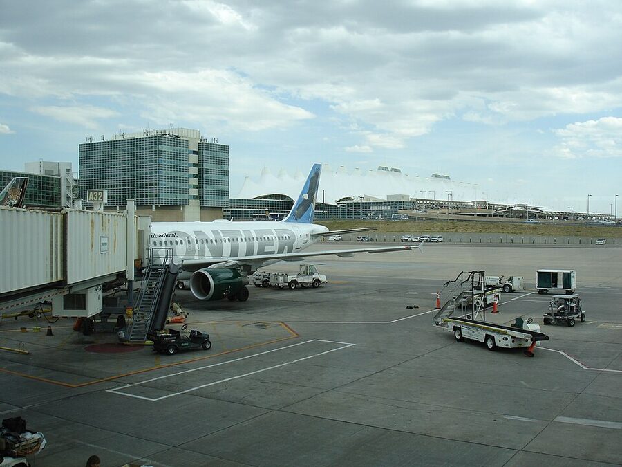 Frontier Airlines Airbus A320 at Denver International Airport preparing for departure
