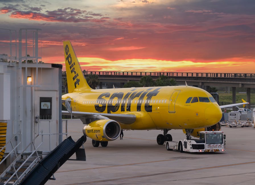 Spirit Airlines yellow plane parked at an airport at sunset