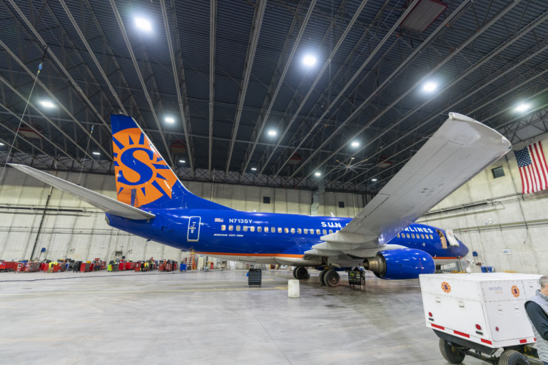 Sun Country Airlines Boeing 737-700 inside Minneapolis hangar