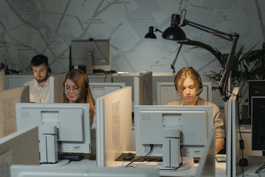 Call centre agents with headsets
